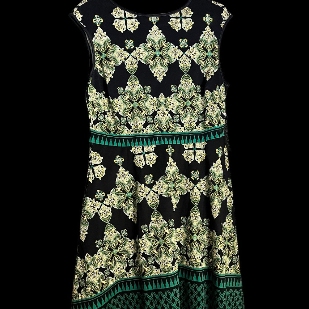 Green/Black/Yellow Sleeveless Flare Dress